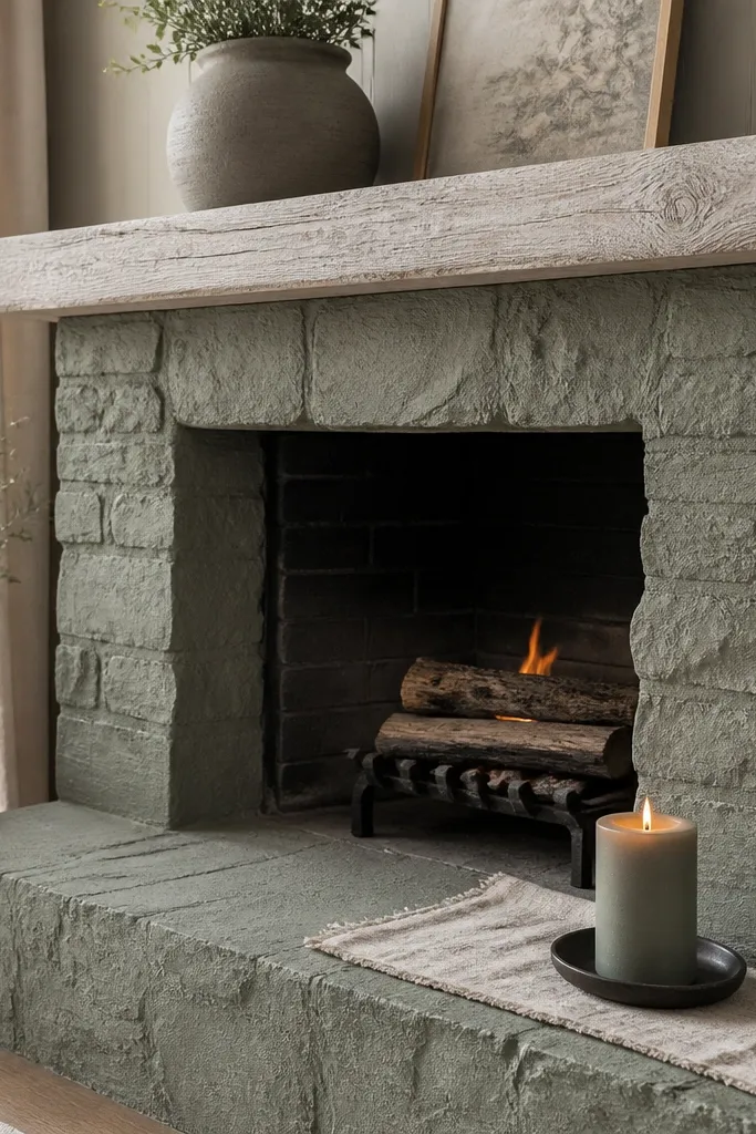 Soft sage painted stone fireplace with a whitewashed mantel