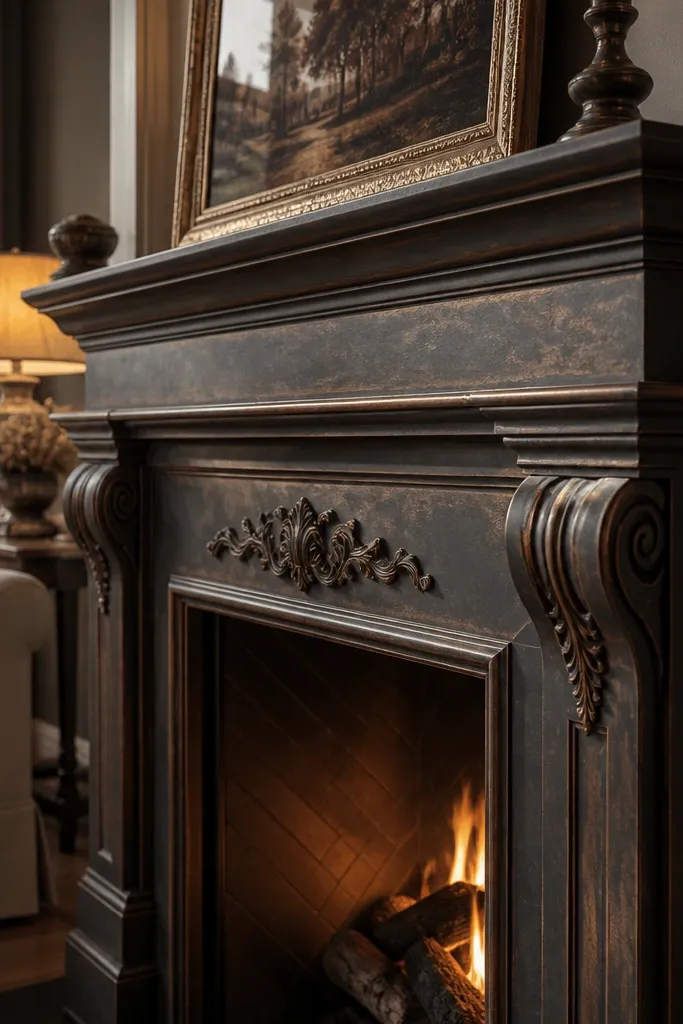 Warm charcoal painted stone with subtle copper tint on high points