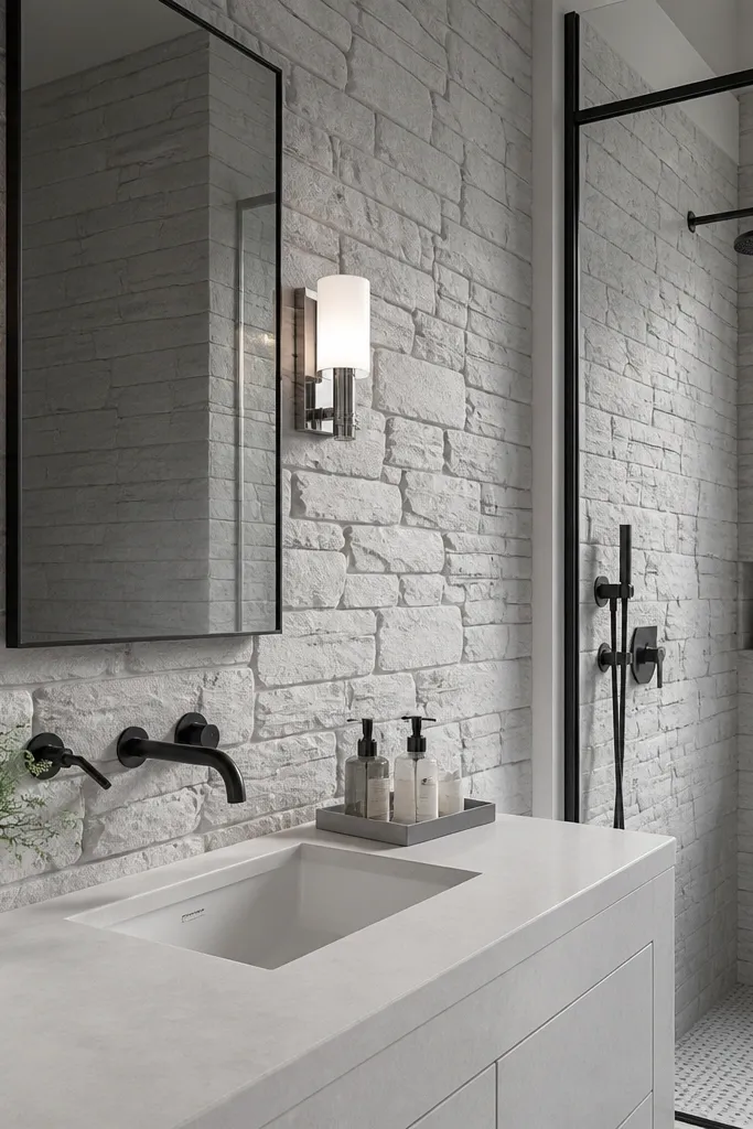 Cool white painted stone with matte gray tint in recesses
