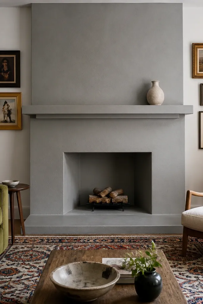 Matte dove gray painted stone fireplace, uniform tone