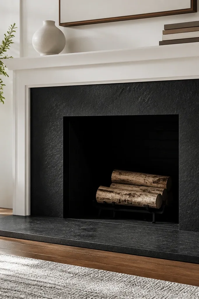 Graphite black stone fireplace with a bright white mantel shelf