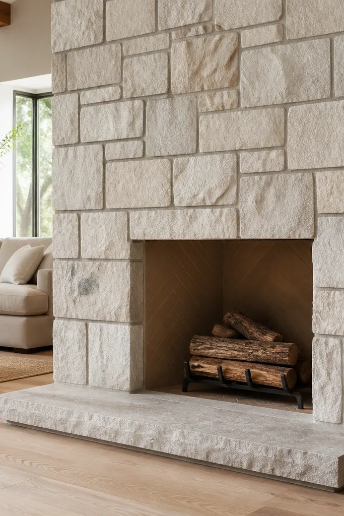 Whitewashed stone face with darker mortar lines and a clean mantel contrast