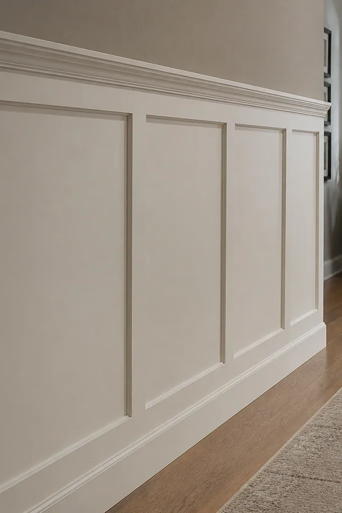 Tall white wall with rectangular panels and a decorative top rail near ceiling