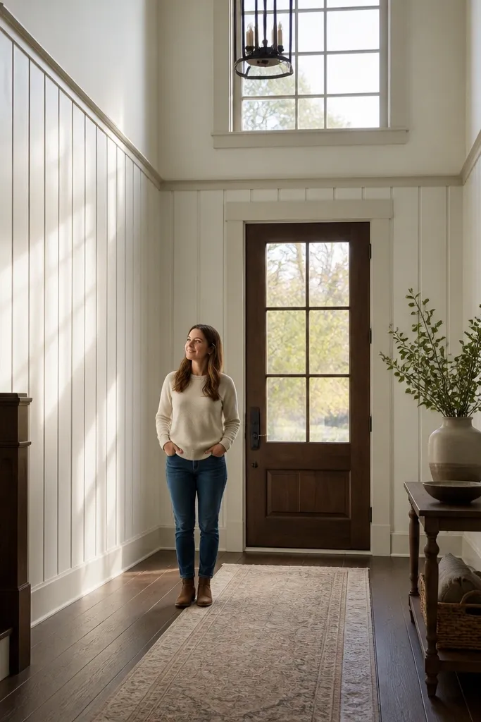 White wall with tall vertical battens framed by rails