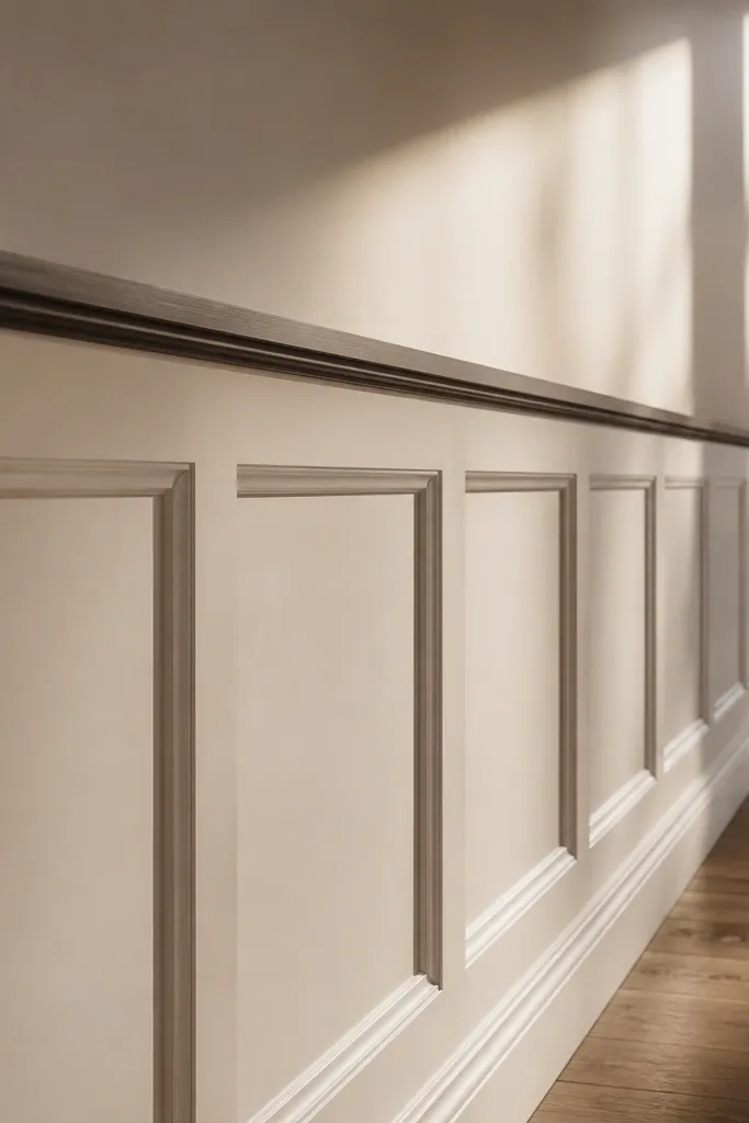 Tall raised panel wall with a thin gap line under the top rail