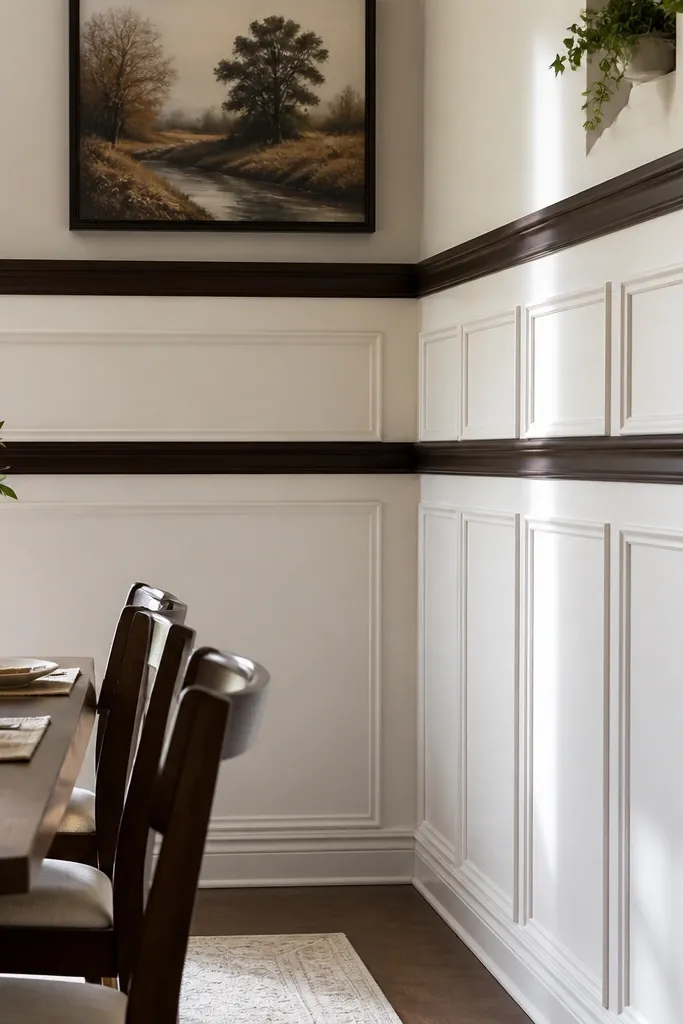 White wall with two parallel rails and tall panel field above