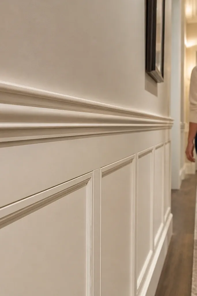 Tall wainscot with an ornate curved top rail molding