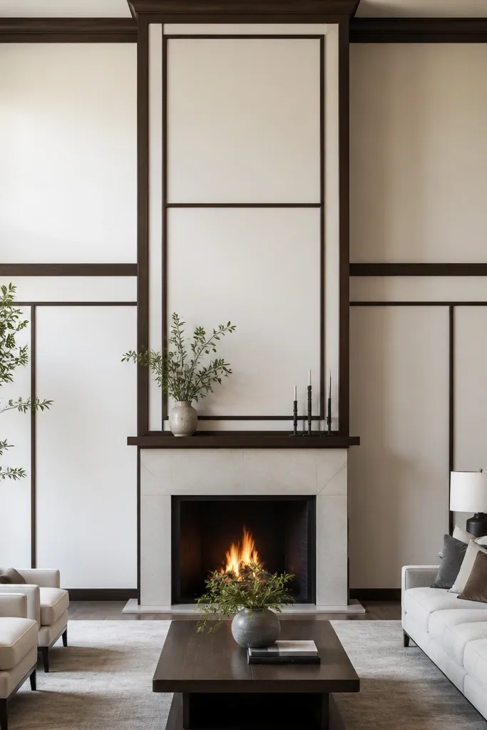 Tall wall with one taller framed center panel and smaller side panels