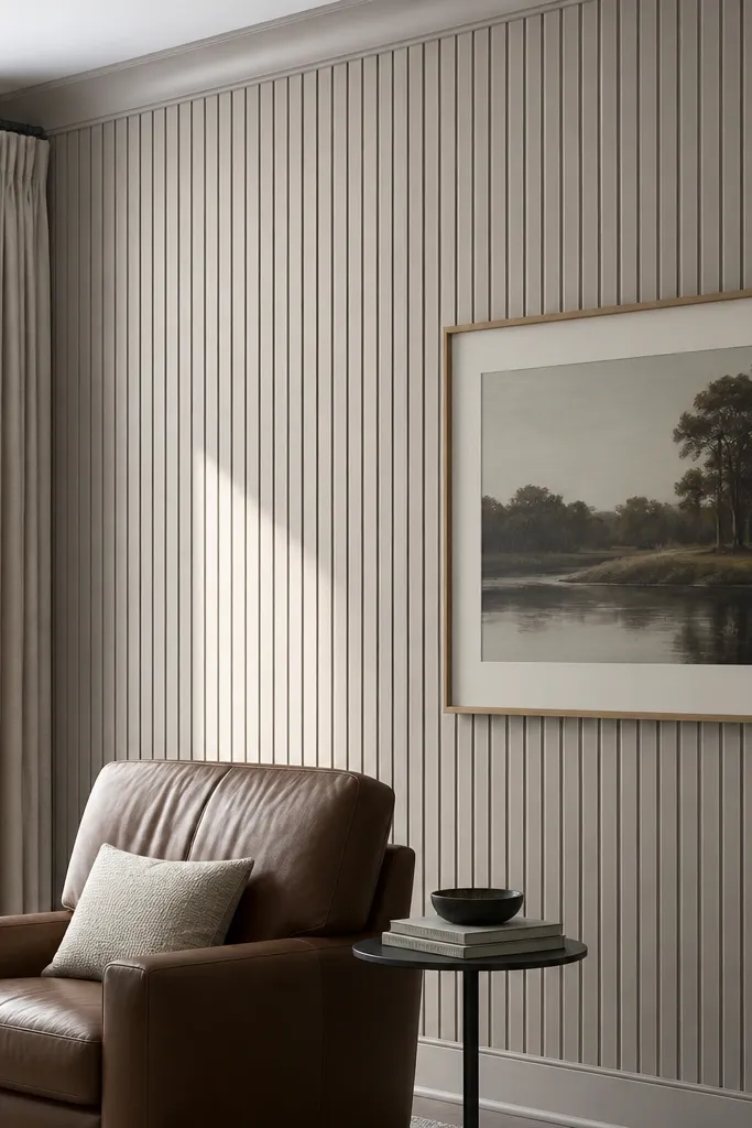 Tall wall panels with thin vertical strips and a crown rail floating off the wall