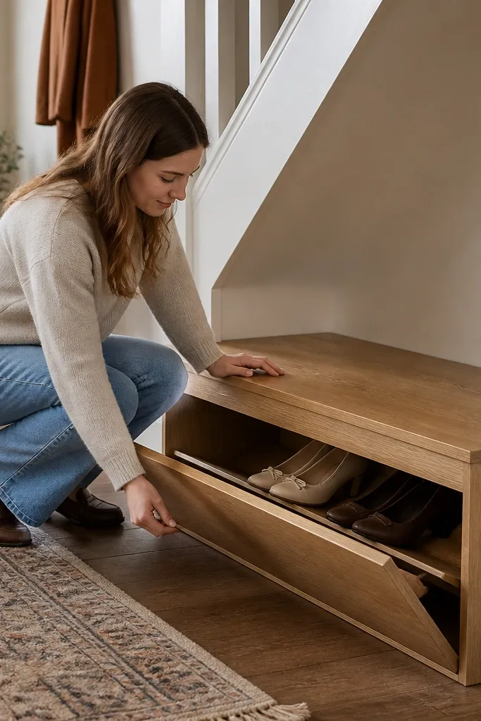 Under-stairs bench with a hinged top opening to reveal shoe trays.