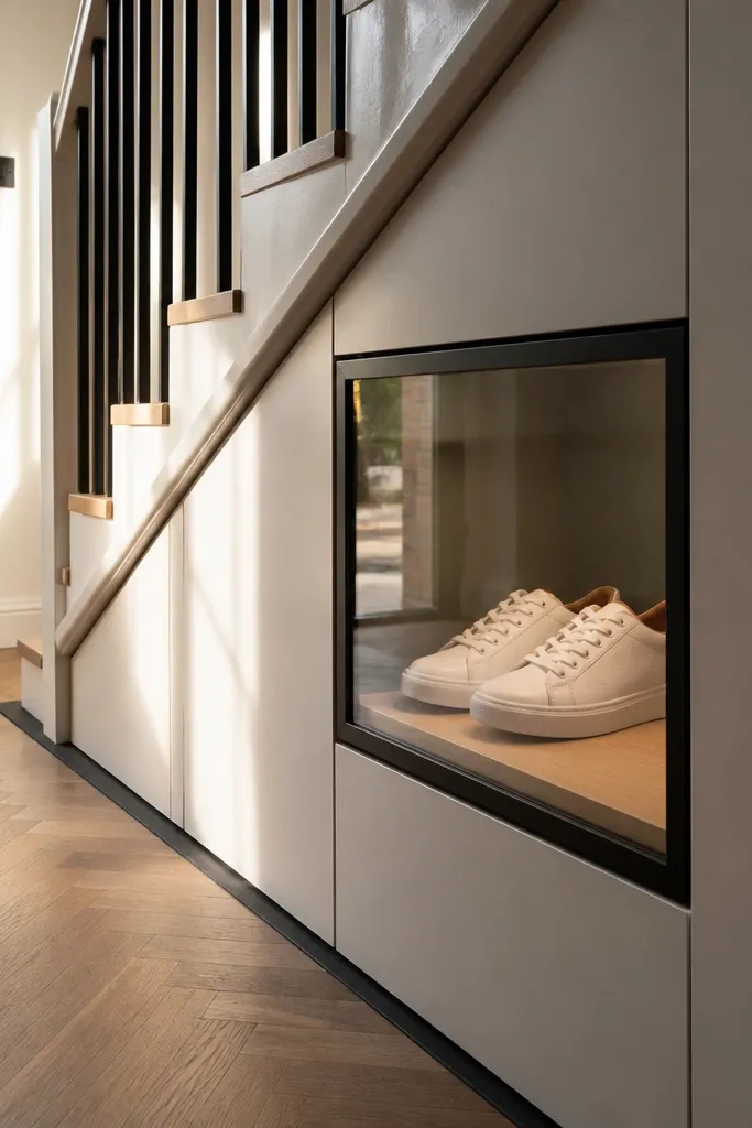 Under-stairs cabinet with clear glass door showing neatly arranged shoes.