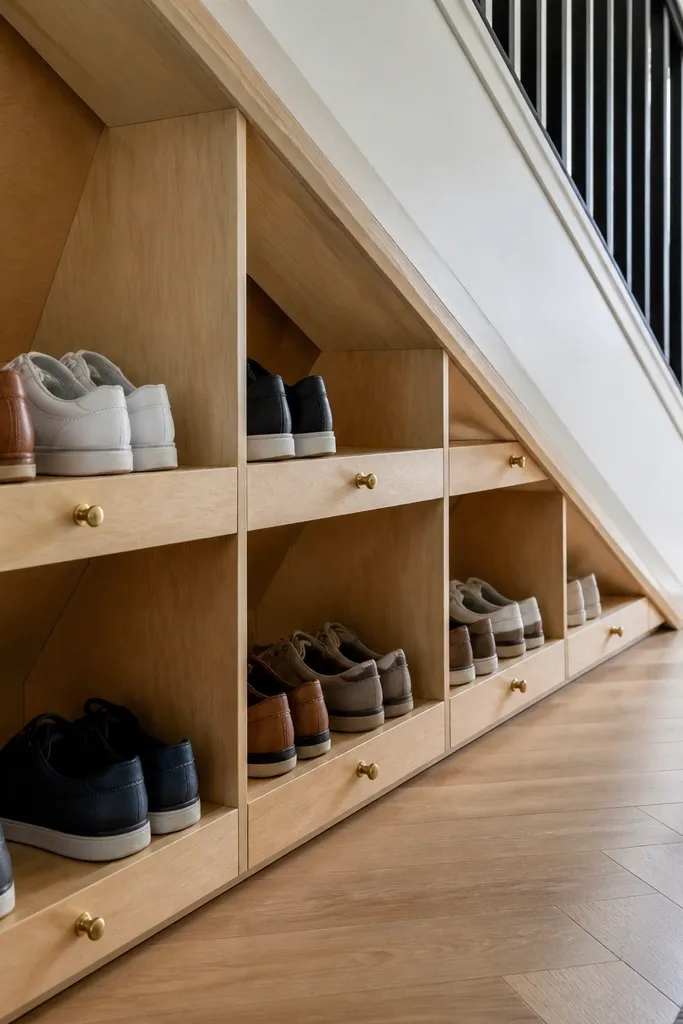 Under-stairs wall of angled cubbies with brass pulls and sneakers lined up.