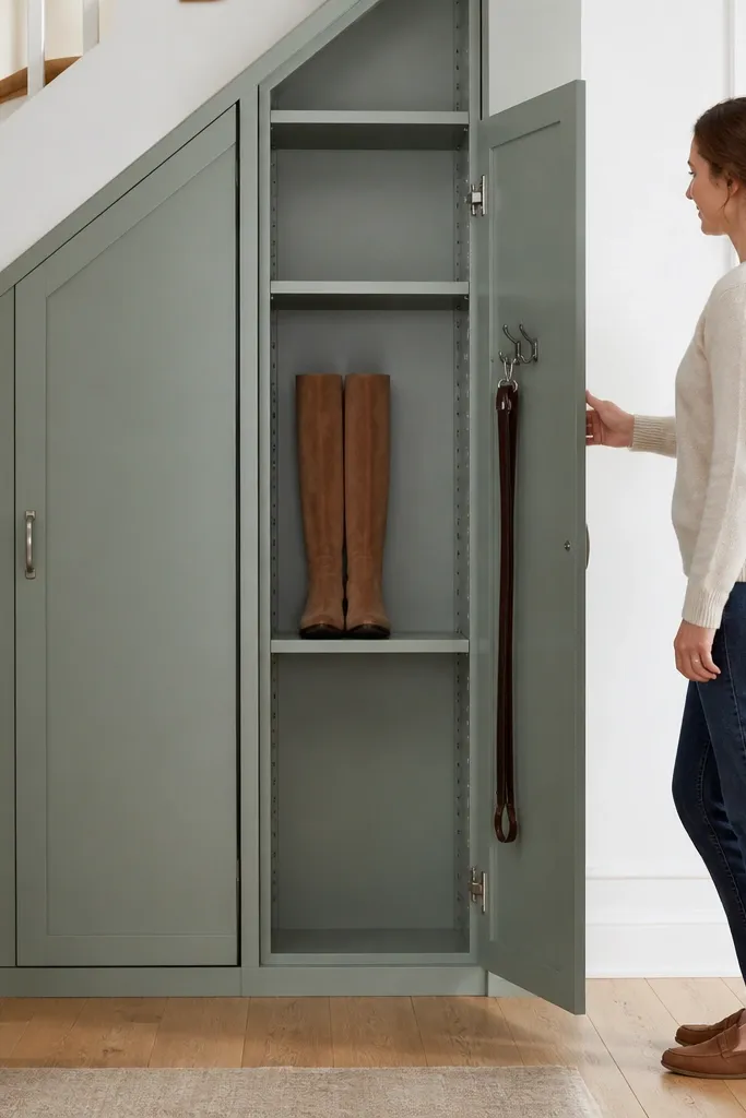 Under-stairs wardrobe with tall cabinet doors and boot storage inside.