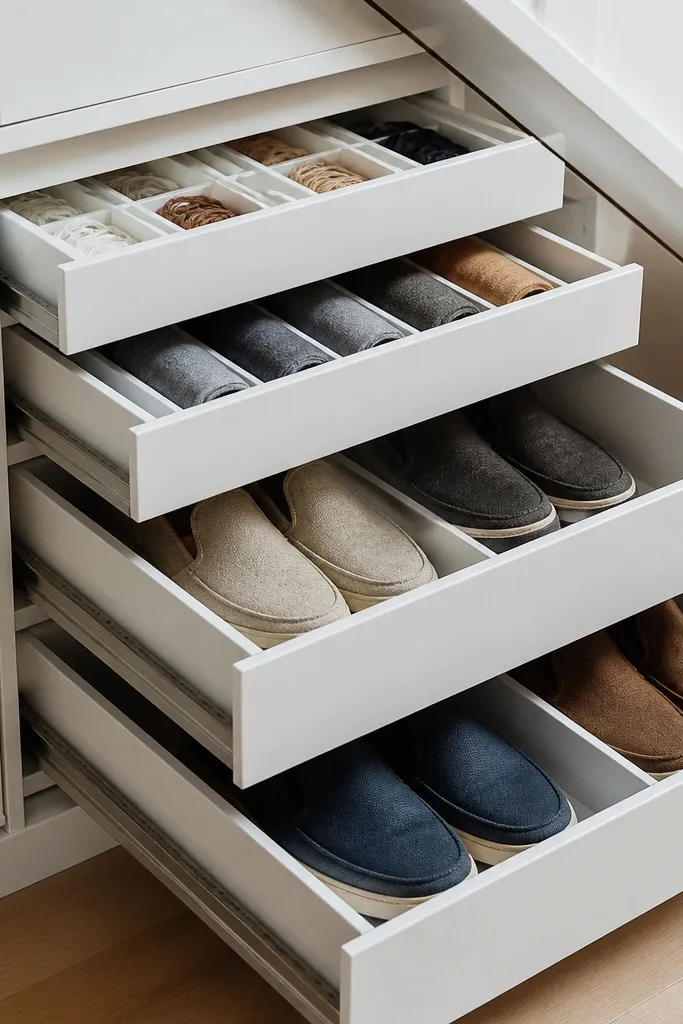 Under-stairs built-in drawers with labels and a neat front row.