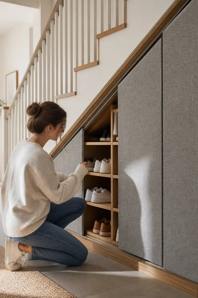 Under-stairs open cubbies with fabric covers sliding over the fronts.
