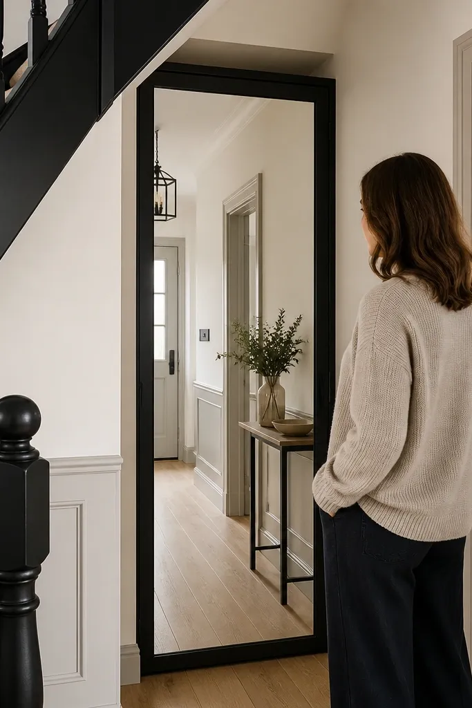 Under-stairs cabinet with mirrored doors and shoe storage inside.