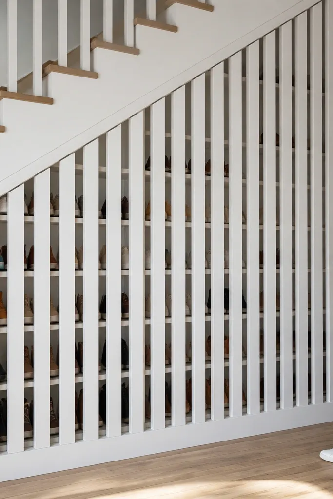 Under-stairs shoe wall with horizontal slatted fronts and hidden shoe compartments.