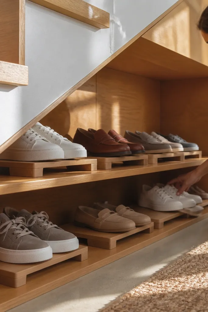 Under-stairs shoe shelves with staggered risers and a neat front face.