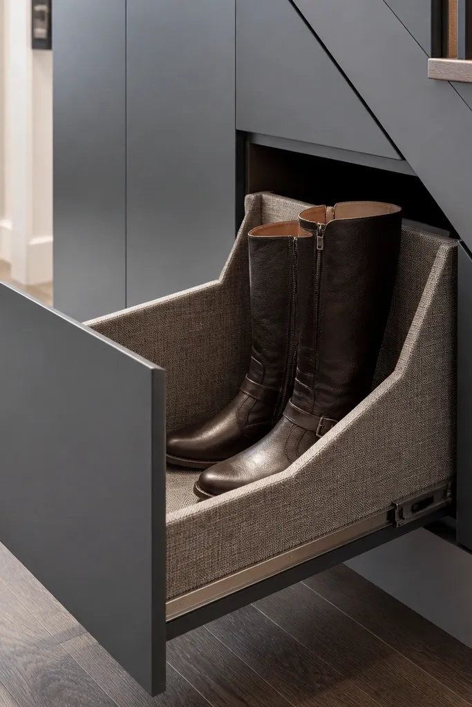 Under-stairs pull-out drawer lined with fabric for boot storage.