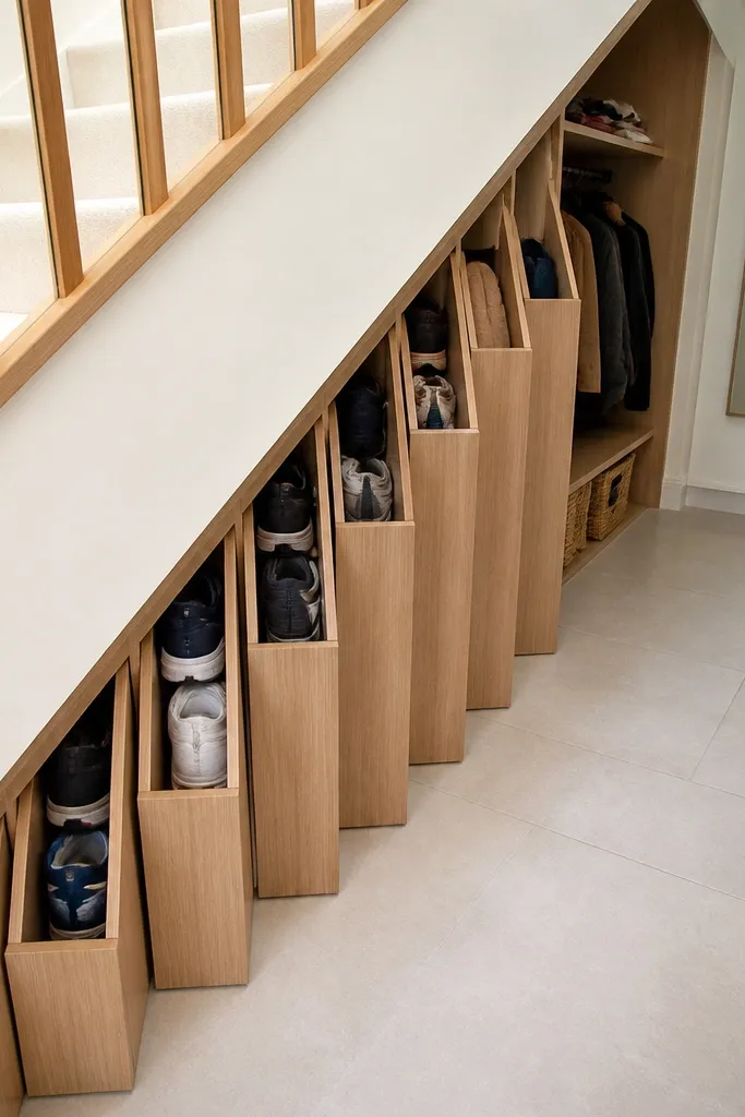 Narrow under-stairs side compartments with slim shelves for shoes and accessories.