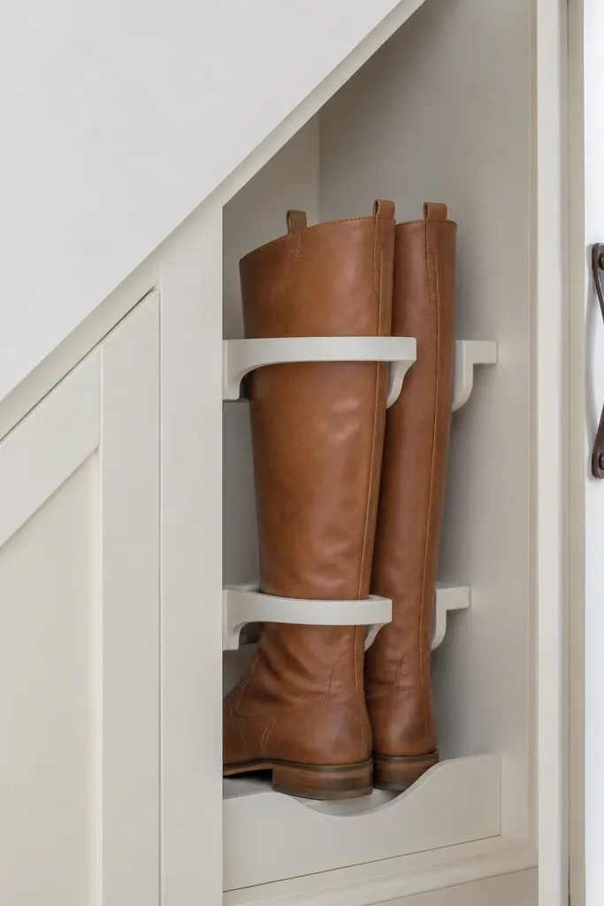 Under-stairs boot racks with pull handles and clean spacing behind doors.
