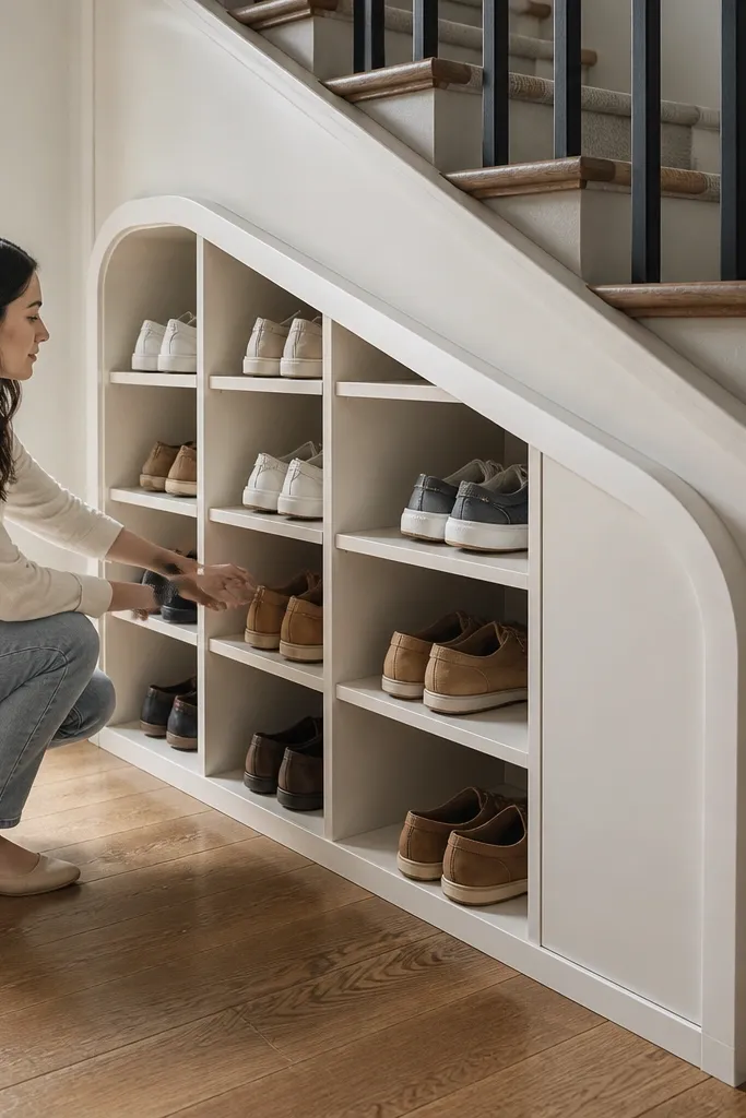 Under-stairs corner shoe nook with rounded trim and neat cubbies.