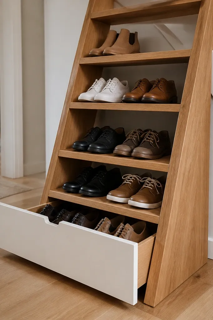 Under-stairs ladder shelf with a hidden drawer at the bottom.
