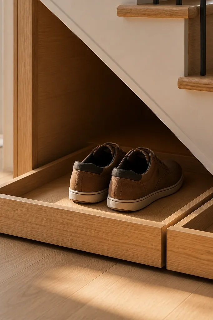 Under-stairs ledge with removable trays holding shoes neatly.