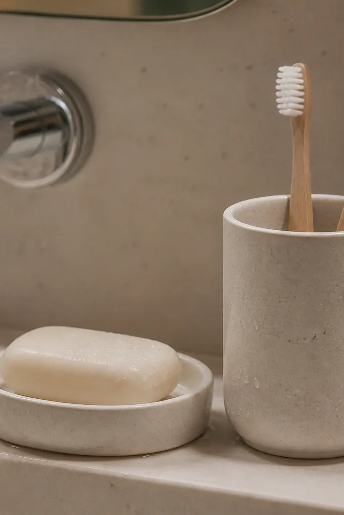 Matte white ceramic soap dish with a matching toothbrush cup on a vanity