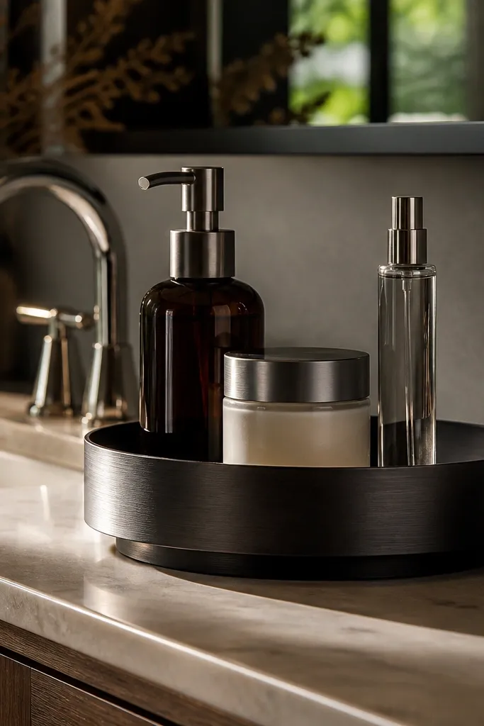 Brushed metal tray with neatly arranged cotton pads, a pump bottle, and a small jar