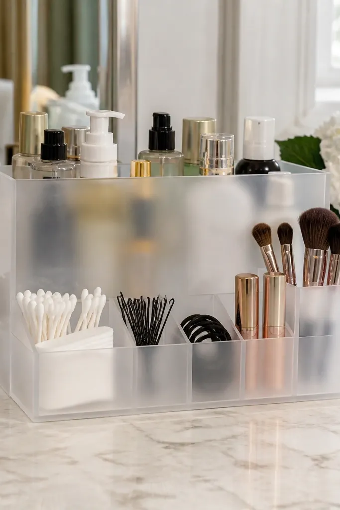 Frosted acrylic organizer with three compartments holding skincare bottles