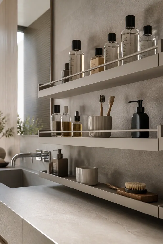 Small shelf ledges mounted above the vanity with neatly placed jars