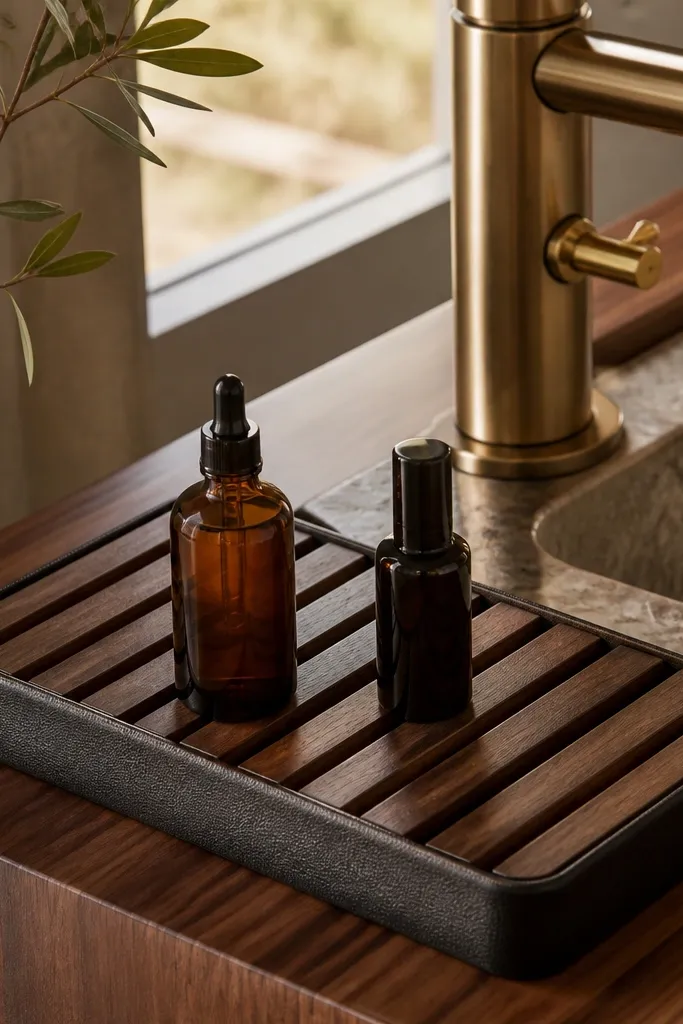 Wood slat tray with a leather band holding lotion, cotton pads, and a small brush