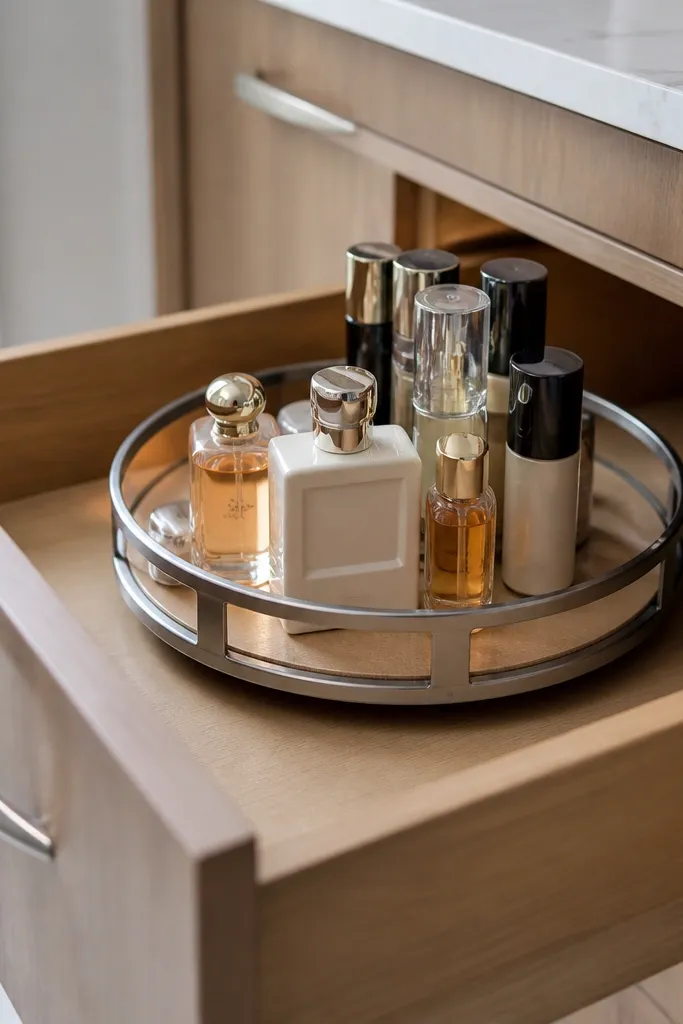 Small round rotating tray inside a vanity drawer holding skincare bottles