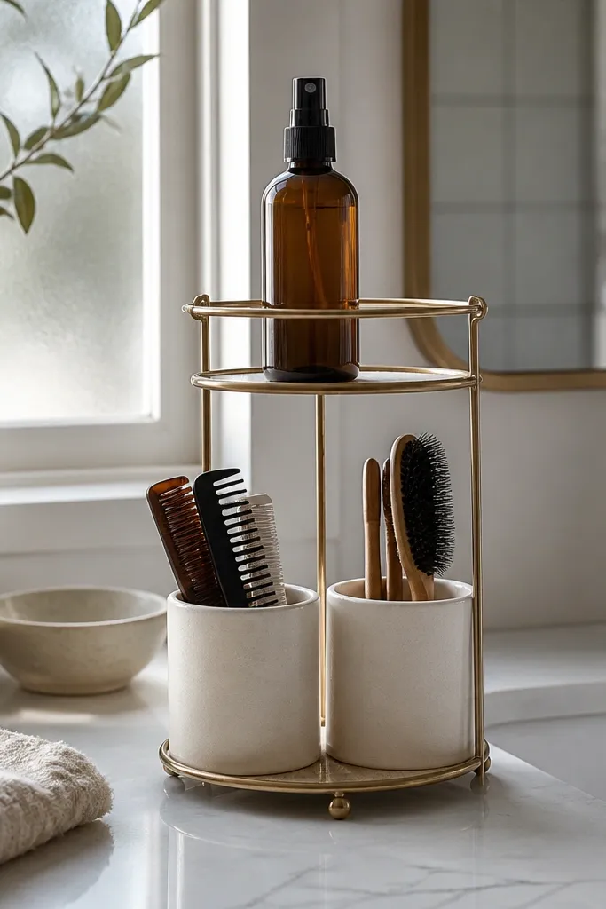 Two-tier rack with cups holding hair ties, small sprays, and a brush