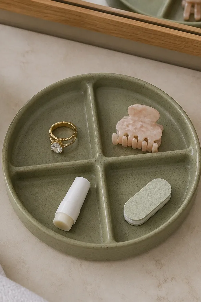 Stoneware catchall with dividers holding rings, small tools, and lip balm