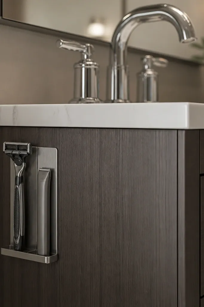 Magnetic razor holder mounted on a vanity side panel beside the sink