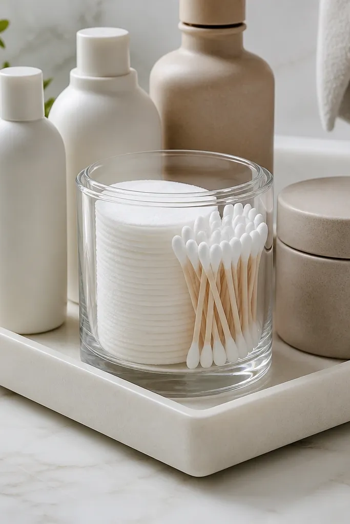 Clear cup insert holding q-tips and cotton rounds on a vanity tray