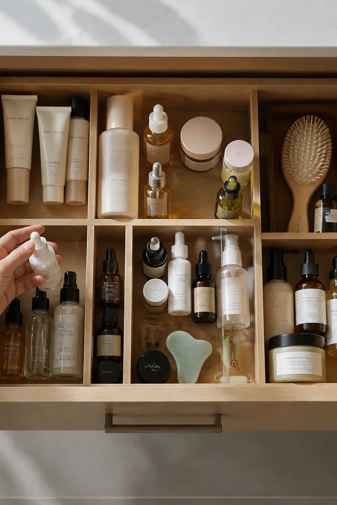 Vanity drawer with stacked dividers and neat front-facing organizers