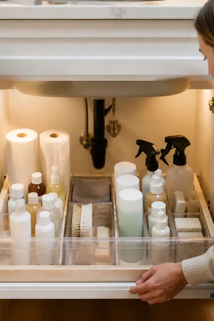 Pull-out under-sink organizer with bins for backups and cleaning supplies