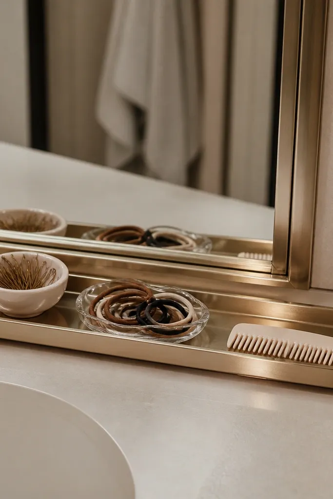 Slim tray near the mirror holding hair ties and small tools in a neat row