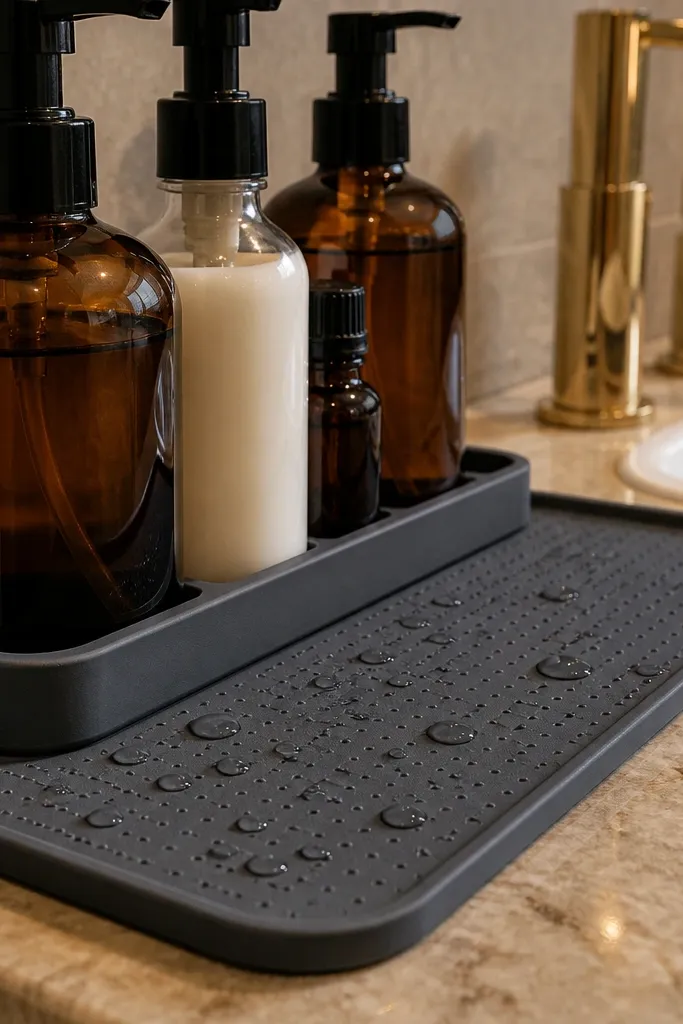 Matte silicone mat with bottle stand holding lotion and soap neatly