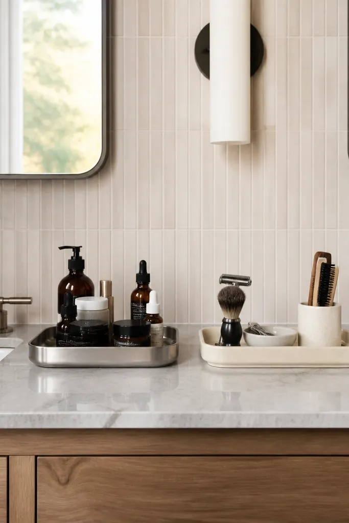 Two matching trays on a vanity, one for skincare and one for grooming tools