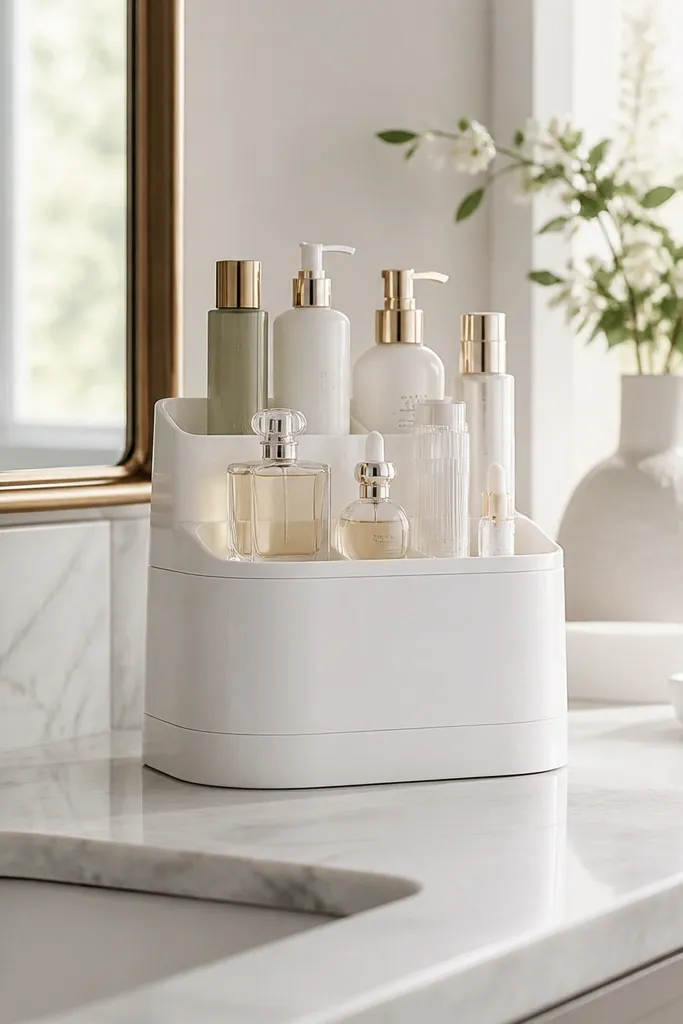 Tiered vanity organizer with a closed base for storing small items