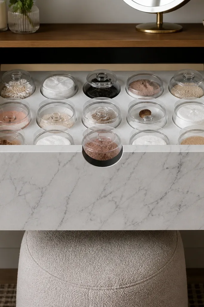 Drawer with marble-look front inserts and small jars aligned inside