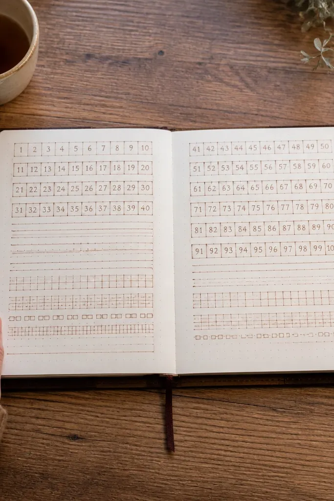 Brown ledger lines with small numbers and ruled rows