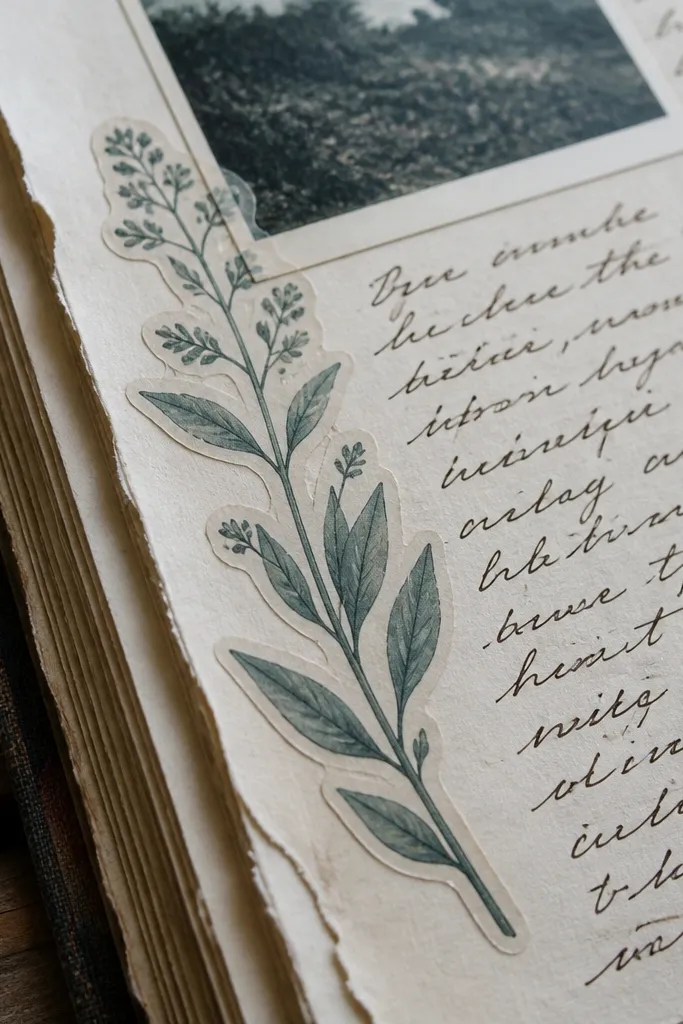 Faded teal botanical sprig with small leaves and stems