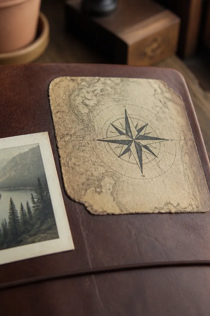 Aged map corner with a small compass rose and coordinates