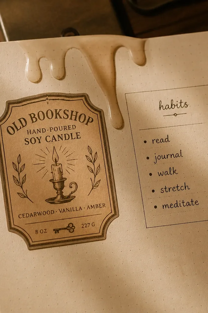 Vintage candle label with wax drip shapes and brown text