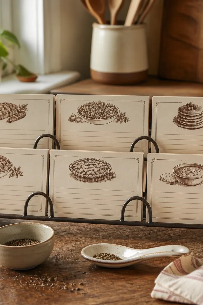 Sepia recipe cards in a small metal wire stand